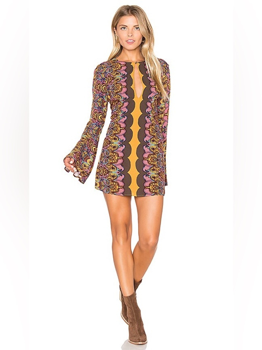 Free People Boho Ossie Vibes Mini Dress in Gold & Pink Size 6